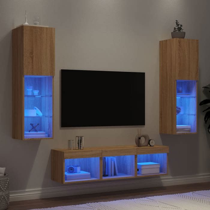 VidaXL Unités Murales TV avec LED 5 pcs, Armoires de Télévision Suspendues, Meubles Télé de Salon, Moderne, Chêne Sonoma 3216606