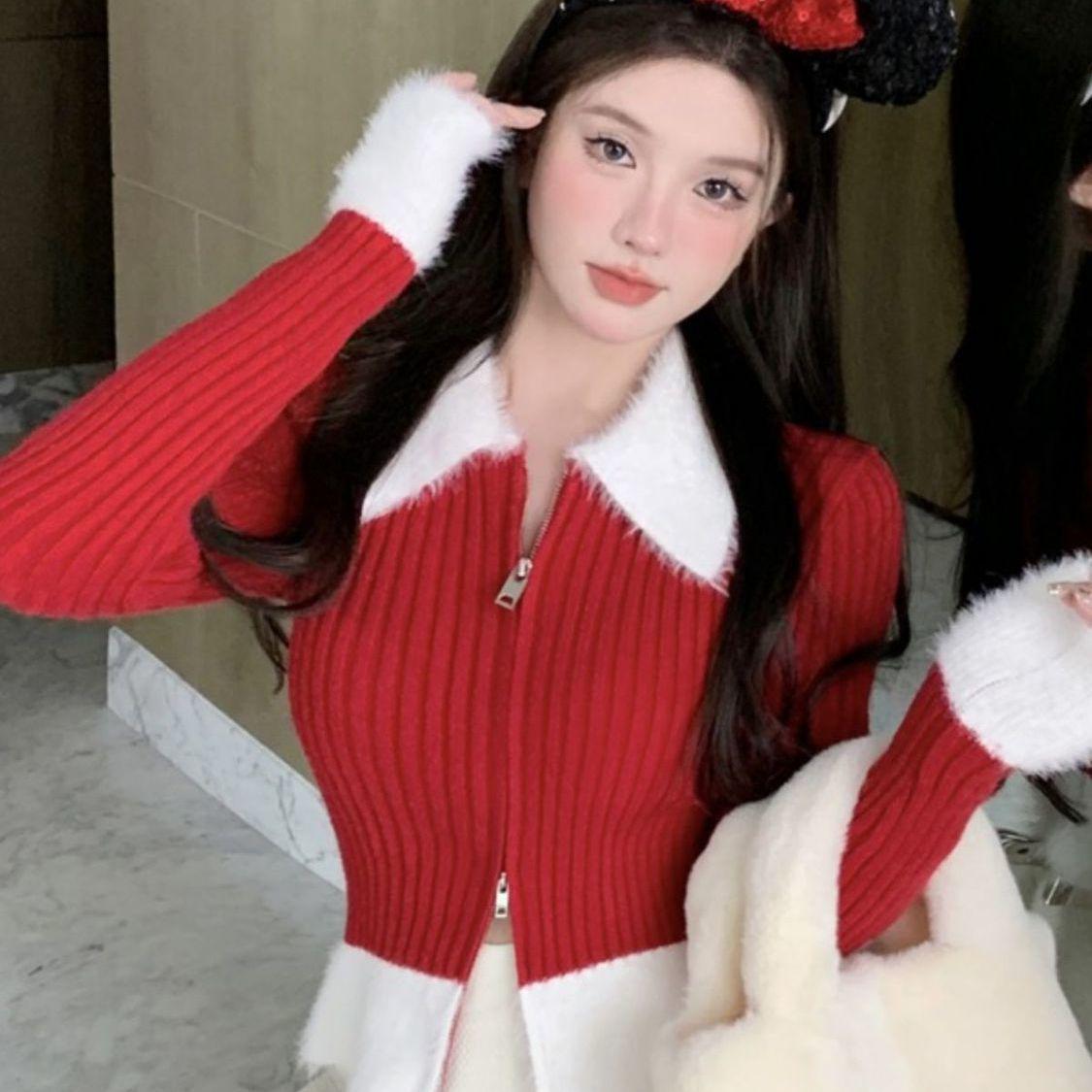 

2025 Приталенный черный вязаный кардиган поло с пушистым воротником и молнией One Size красный