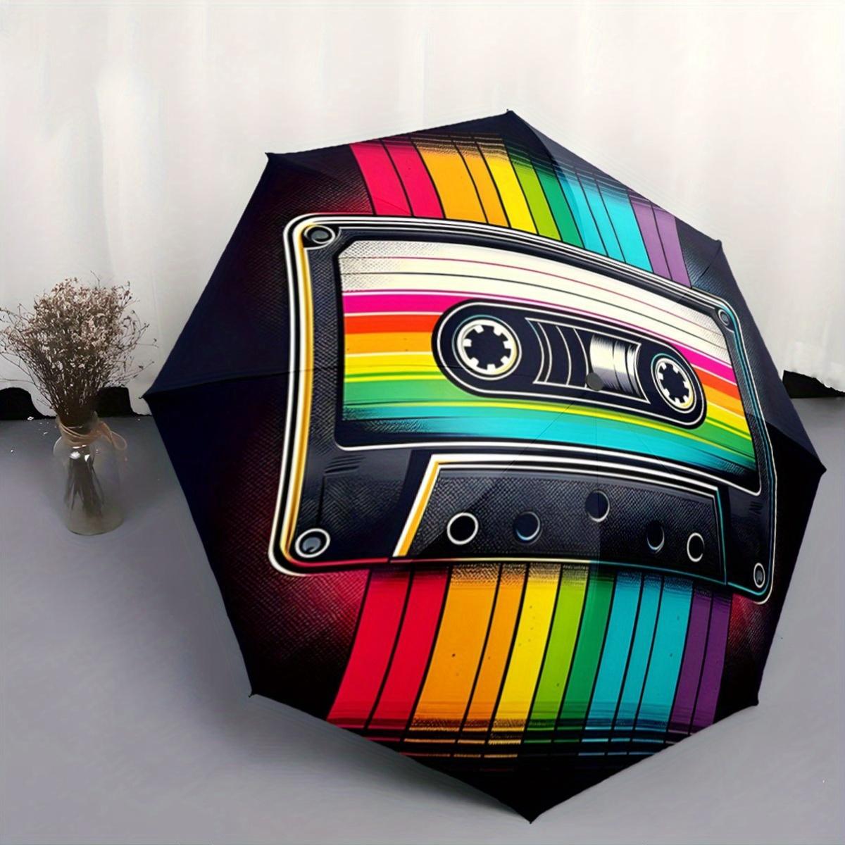 

Retro Cassette Tape Umbrella - Automatic Open/Close Compact Folding Umbrella with Vintage 80s Design, Portable Vintage Umbrell