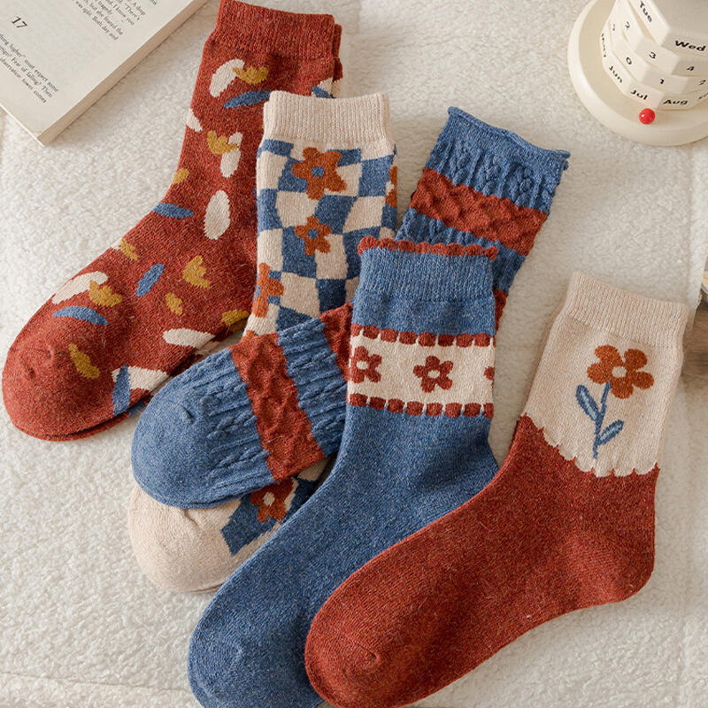 [5-Pair Set] Misenne Flower Design Pattern Socks Set 5 pair set