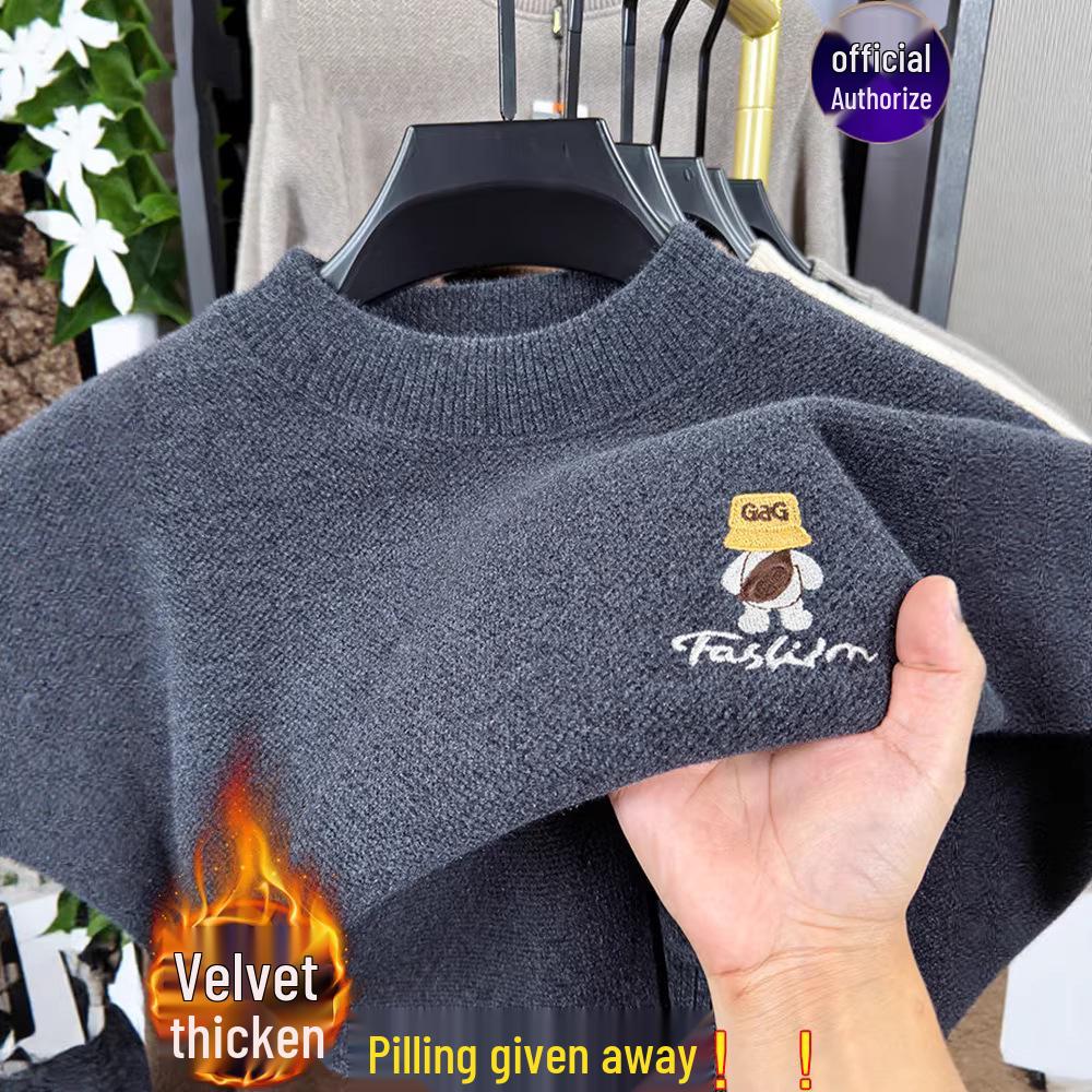 Men's Anti-Pilling Sweater with Fleece, Half-High Collar, New Embroidery, and Warm Knit Base Layer