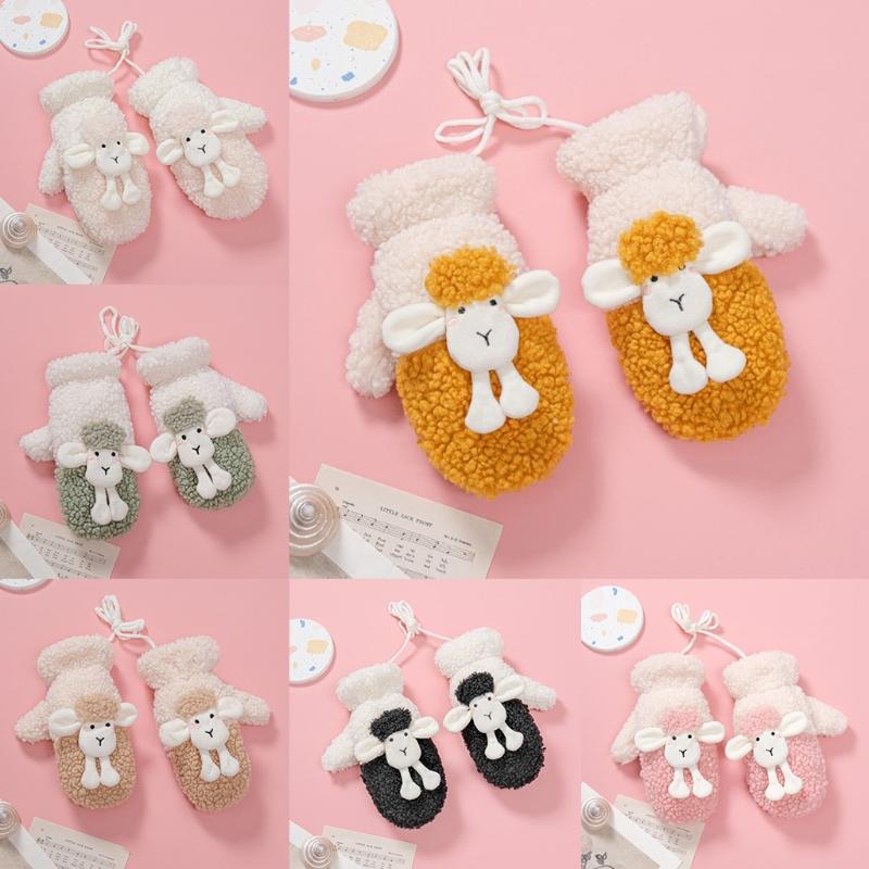 Fluffy Animal Mittens Plush Sheep Gloves with String Full Finger Mittens Winter Warm Mittens Cartoon Gloves for Women