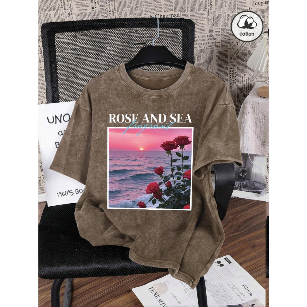 Beautiful Rose And Sea Print Washed T-Shirt Women Summer Crewneck T Shirt Y2K Loose Short Sleeve Cotton Streetwear