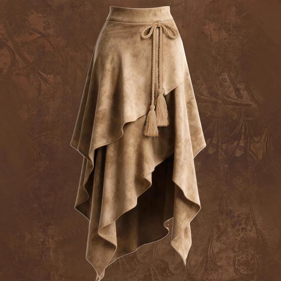 New Women's Vintage Western Irregular Rope Tie-Waist Fringed Faux Fur Midi Skirt