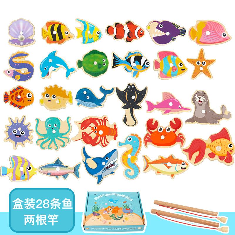 Fishing Toys Children'S Magnetic Fish Wooden Toddler Barreled Marine Animal Cognitive Interactive Toys, Fishing Games