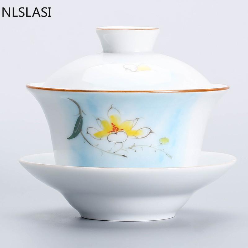 Nuevo estilo pintado a mano cuenco de té de porcelana blanca Conveniencia para viajar Juego de té juego de té Utensilios para beber para el hogar de oficina NLSLASI