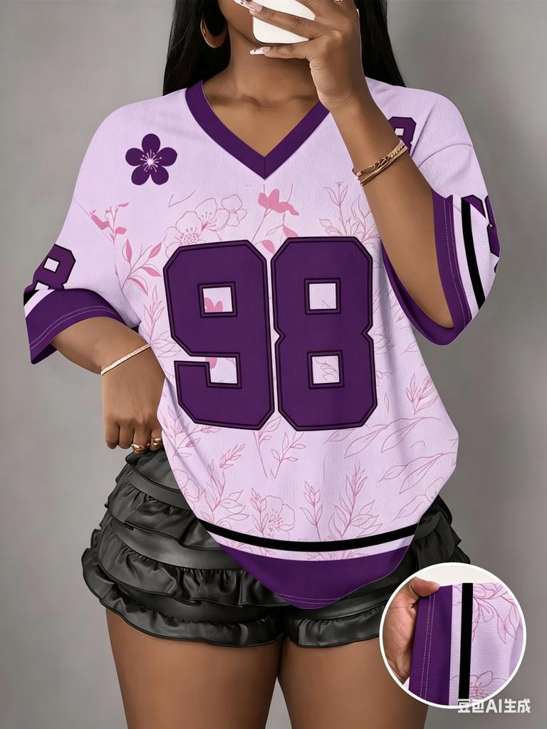 Women's Flower NO.98 Print V-Neck Short Sleeve T-Shirt Summer Graphic Tee Sport Jerseys Plus Size Sport T-Shirt