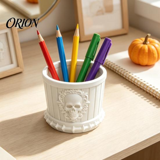 Multi Purpose Storage Barrel Gothic Skull Pen Holder, 3D Printed PLA Stationery Organizer, Gaming Desktop Halloween Theme Container for Makeup Brushes