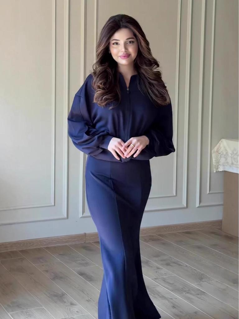 European-American 2025 Autumn Women's Long-Sleeved Cardigan & Stand-Up Collar Jacket with Temperament Half-Skirt Set