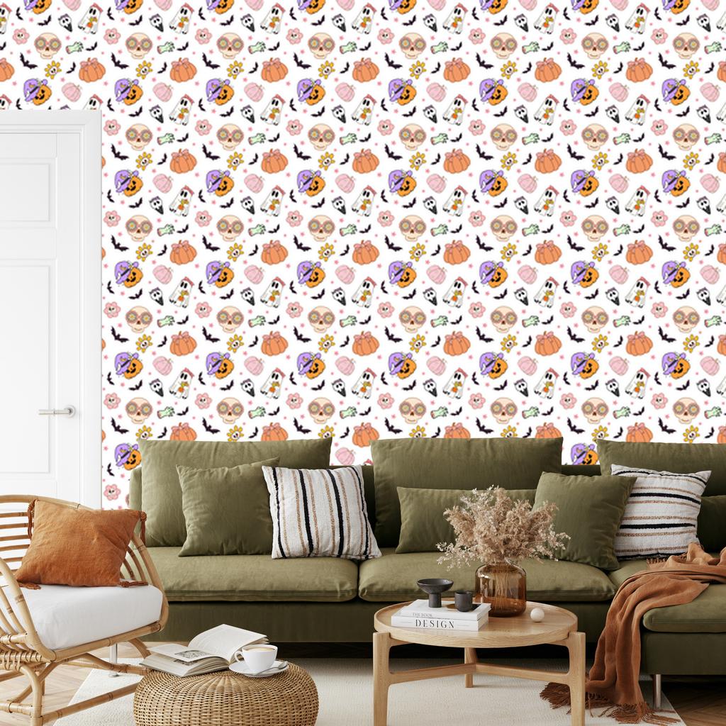 Halloween Wallpaper White, Light Gray and Cream for Living Room and Bedroom 50x1000