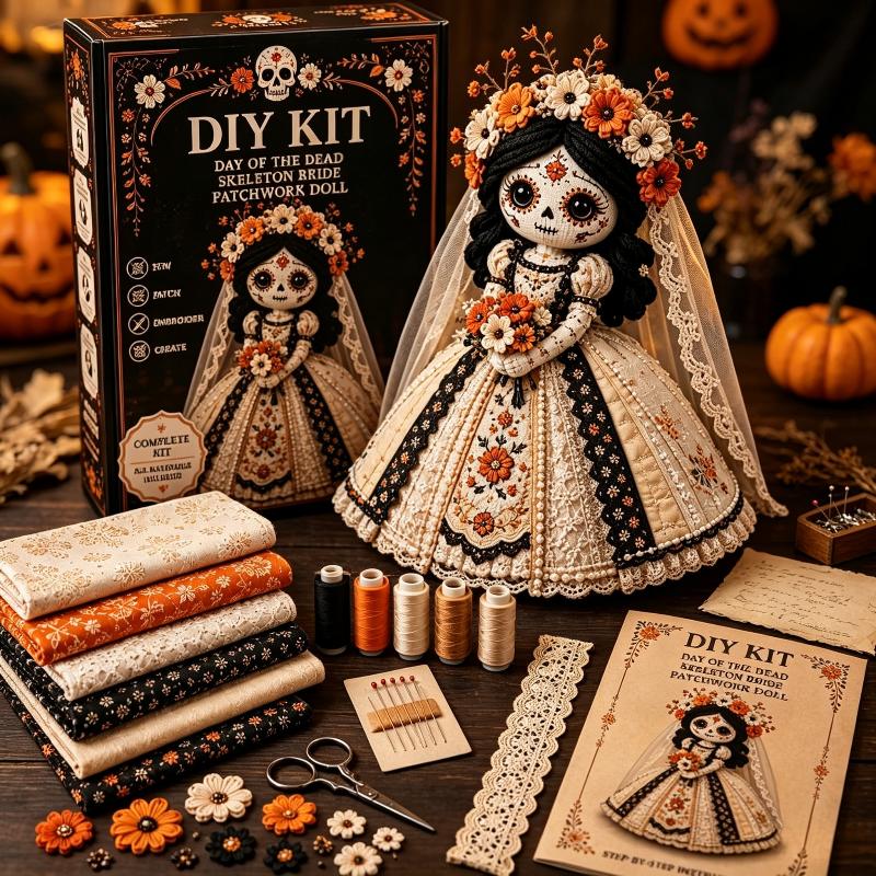 Day Of The Dead Handmade Skull Doll DIY Kit Patchwork Sewing Craft Set for Adult Hobbyist Halloween Party Decor Creative Gift