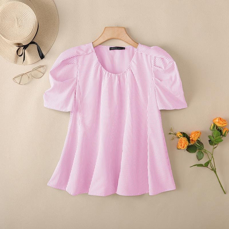 

ZANZEA Жіноча повсякденна літня блузка з круглим вирізом, коротким рукавом і смугастим принтом