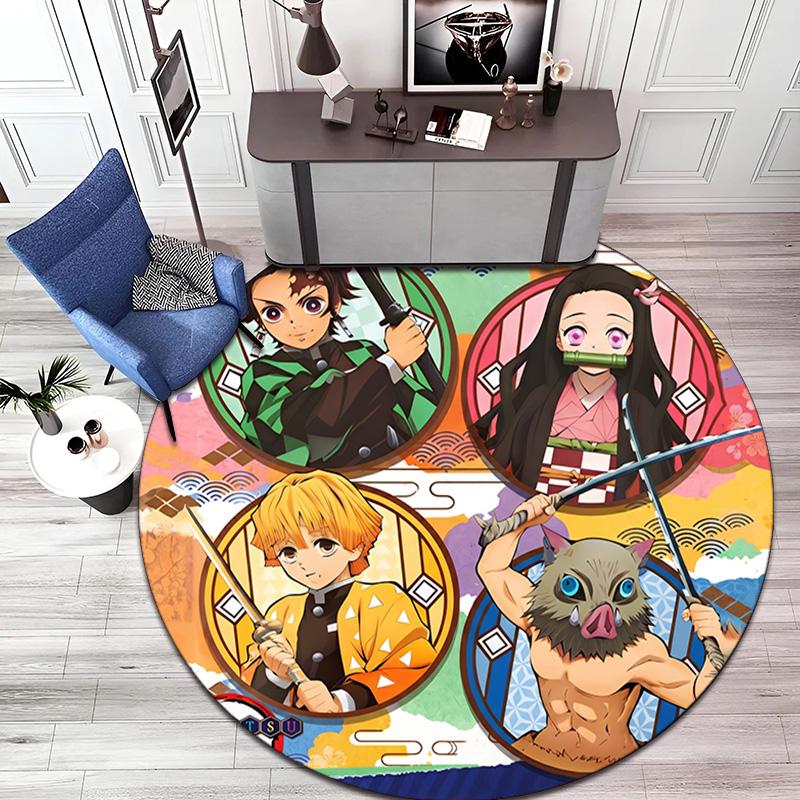 Classic Japanese-style Cartoon Demon Slayer Round Rug, Home Soft Decorative Anti-slip Yoga Mat and Chair Mat, Outdoor Floor Mat Carpet K6