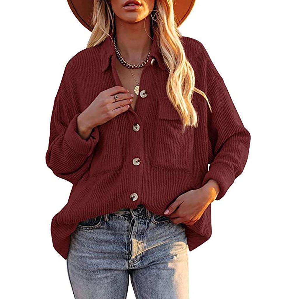 Women's  And Winter Loose Corduroy Lapel Double Pockets Long-Sleeved Shirt Jacket