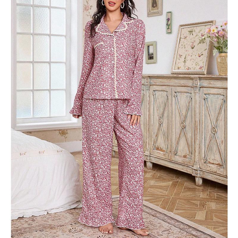 Spring Floral Lace Pajama Set: European & American Style, Long Sleeve, Lapel Design for Women