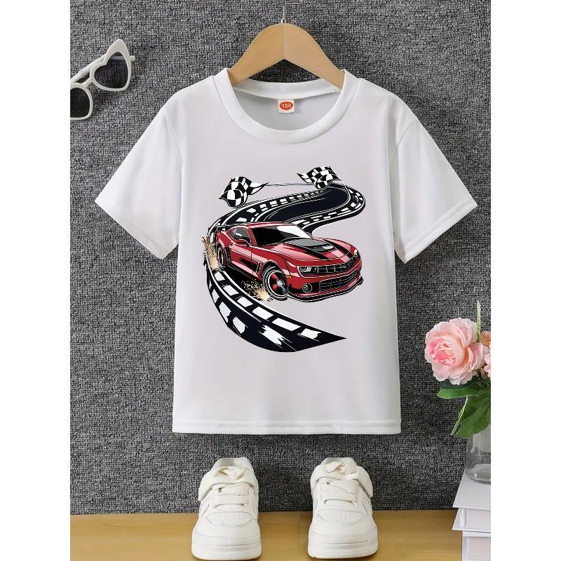 European sizes Boys' Comfortable Soft Creative Fashion Cool Racing Drift Pattern Print Short Sleeve T-Shirt