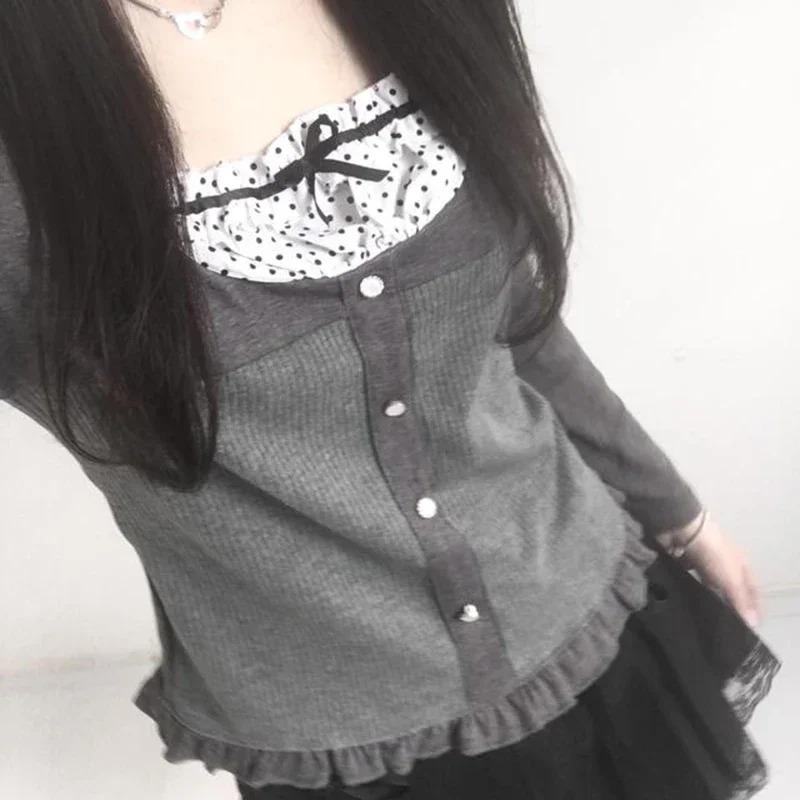 Y2K Polka Dot Print Contrast Patchwork Knitted Tops Grey Autumn Spring Cute Bow T-shirts Slim-fit Long Sleeve Knitwear