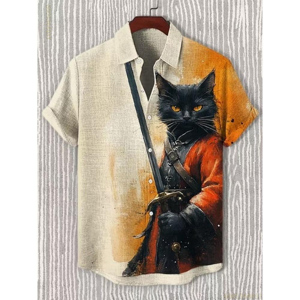 Men's Shirt Fashion Cat Print Short Sleeved Shirt Outdoor Beach Loose Casual Hawaiian Shirt Comfortable Fabric