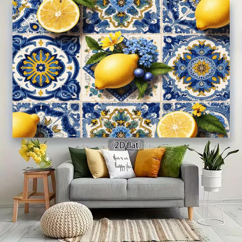 2D Mediterranean Lemon Backdrop, Blue Talavera Tiles with Lemons Photo Background