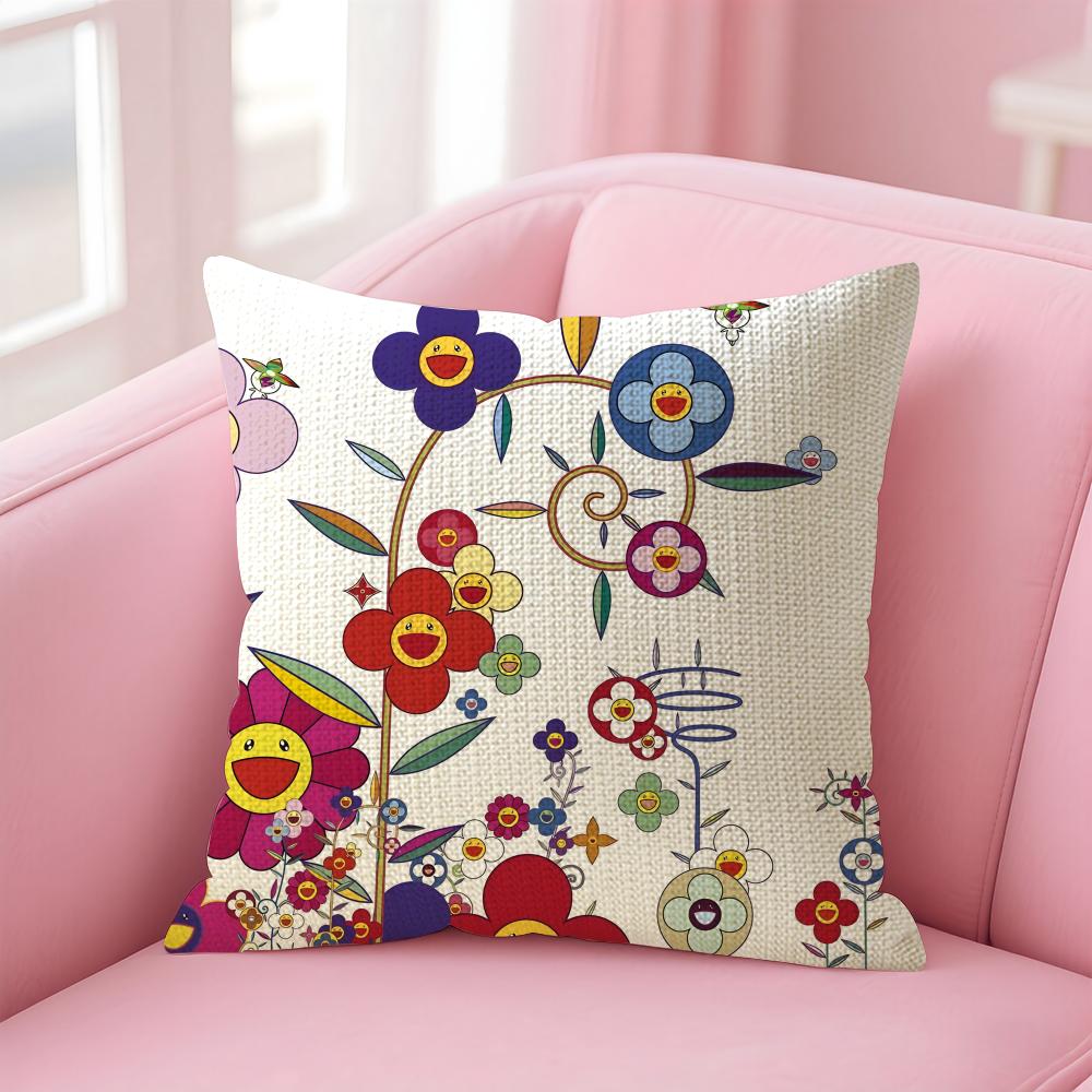 T-Takashi M-Murakami Art Cushion Cover Natural Linen Pillow Case Double-Sided Print Decorative Sofa Pillowcase Home Decor Gift