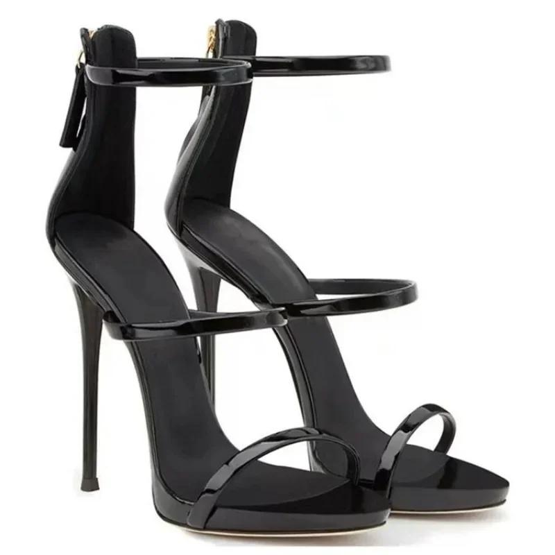 Women's 2025 Summer New High Heels Fashion Sexy Open Toe Fine Heeled Sandals Luxury High Quality Banquet Zipper Super High Heels