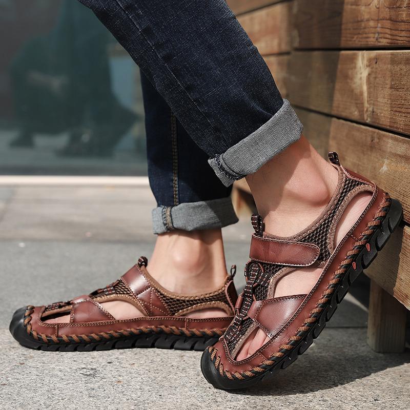 Black Summer Leather Sandals Men Big Size 48 Breathable Beach Shoes Man Outdoor Non-slip Men's Sports Sandals Sandalias Hombre