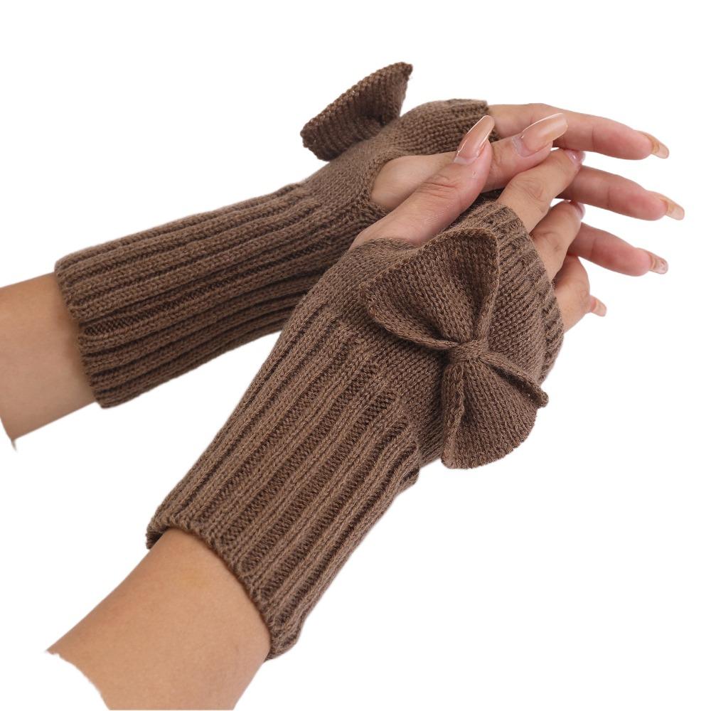 Thick Warm Bowknot Knitted Gloves Soft Half Finger Gloves Cute Arm Warmers  Women Girls