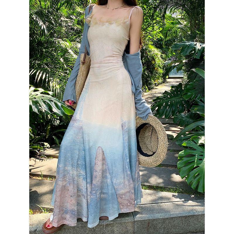 Beautiful Island Suit Vacation Style Sling Dress Mermaid Dress Women's Autumn Long Sleeves Sun Protection Small Cardigan Two-piece Set