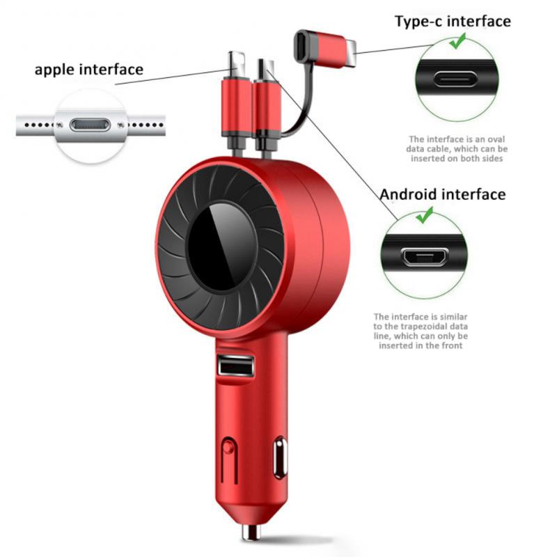 

Car Charger Multifunctional 3 In 1 Car Accessories Car Charger Head With Cable Retractable Universal Car Phone Fast Charger красный