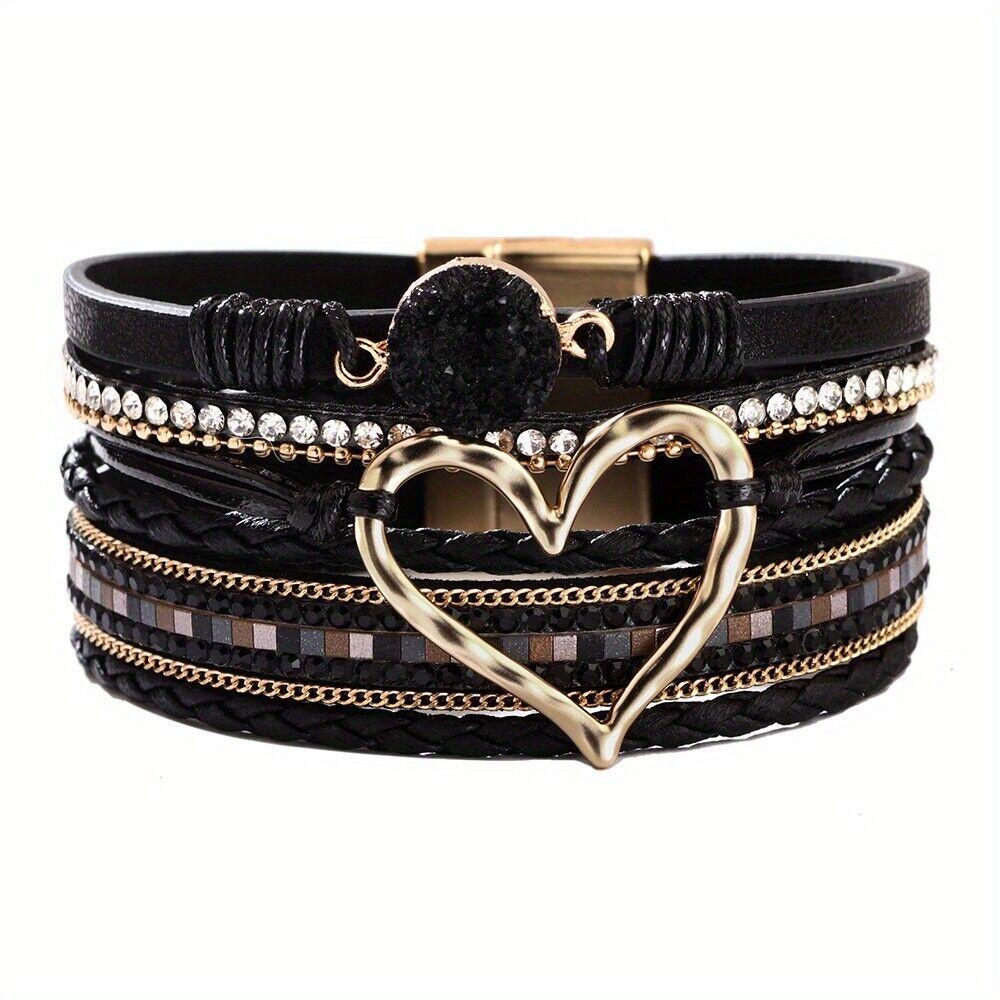 Boheemse Multilayer PU Lederen Bangle Handgemaakte Gevlochten Armband Gouden Grote Liefde