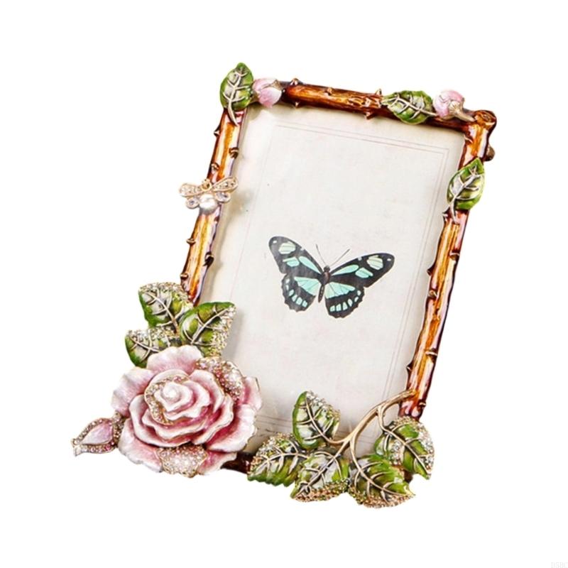 Antique Enamel Floral Bird Photo Frame With Rhinestones Accent Tabletop Decors