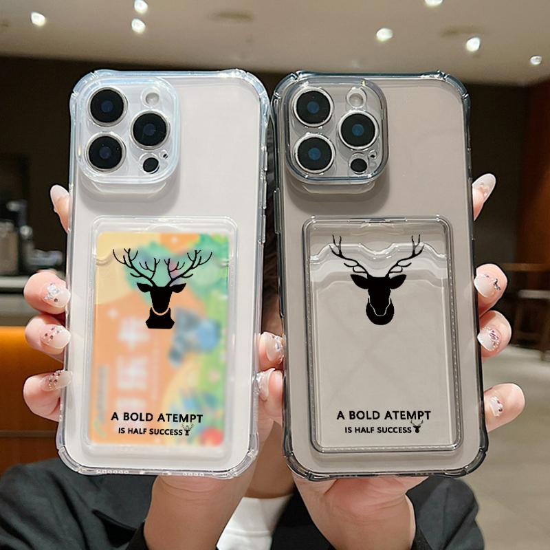 For iPhone 16E 16 Pro Max 15 Pro 14 13 12 11 Cover Shell Simple Deer Pattern Clear Card Pocket Slot Slim Shockproof Soft Silicone Phone Case