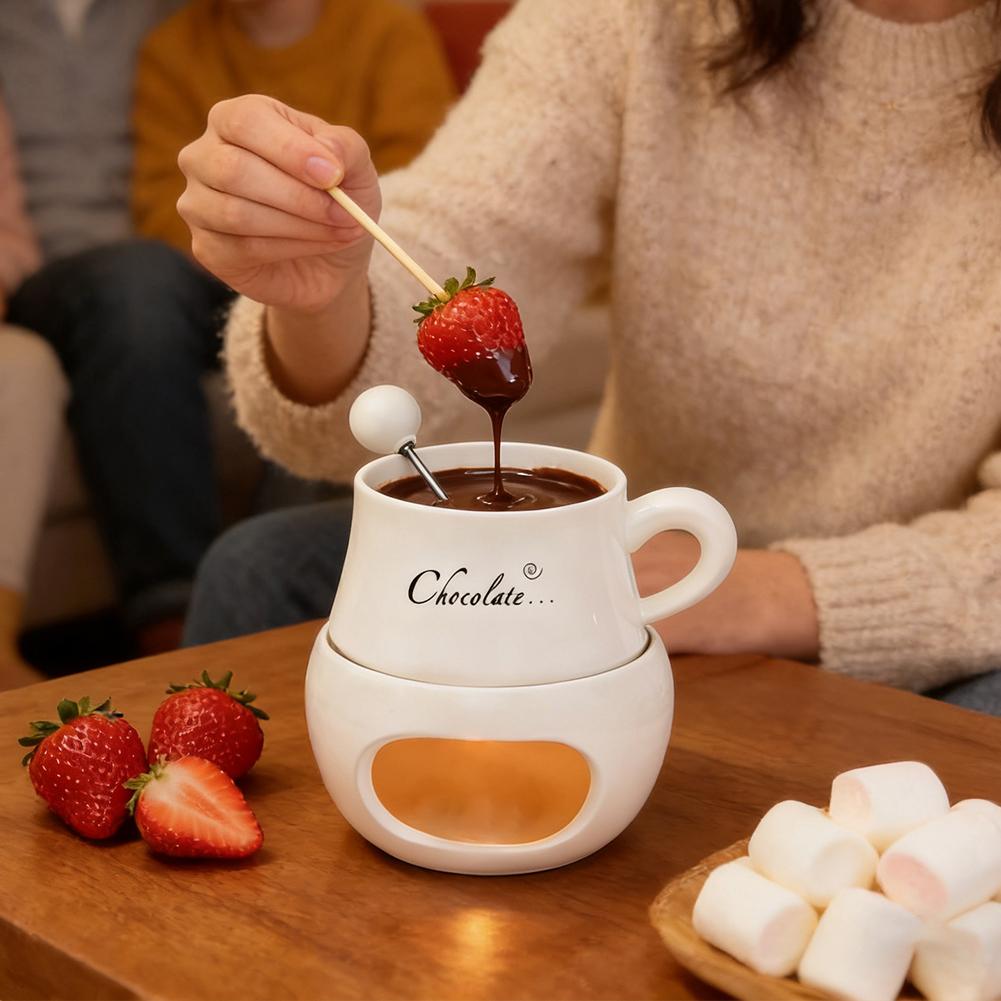 Chocolate Fondue Cup Ceramic With Forks Tealight Chocolate Melting Cup Mini Fondue Pot For Cheese Butter Heating Stove P1G1