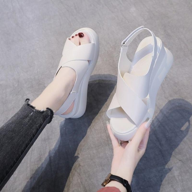 Women Soft Leather Peep Toe Thick Sole Muffin Wedge Sandals