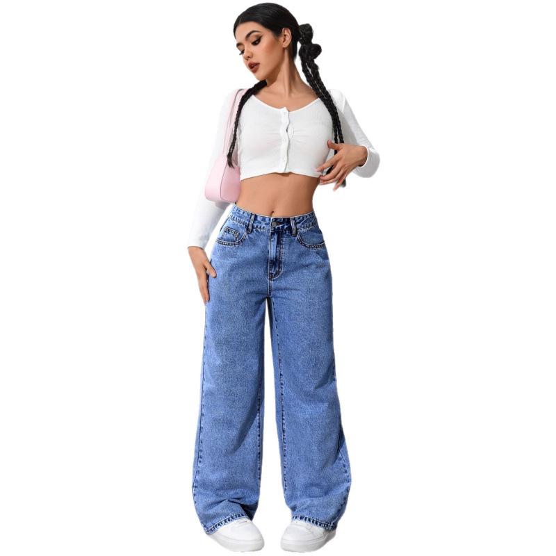 Multicolor European & American High-Waisted Loose Wide-Leg Floor-Length Casual Jeans for Women