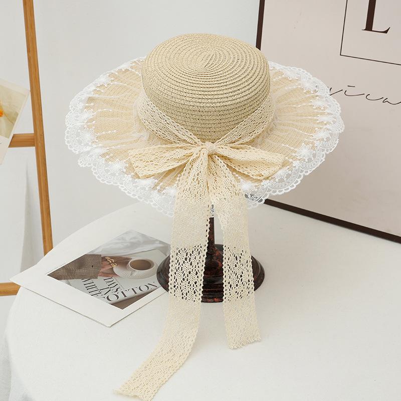 New Hat Lace Bow Sunscreen Hat Summer Outdoor Sun Hat Flat Top Sun Hat Seaside Beach Hat