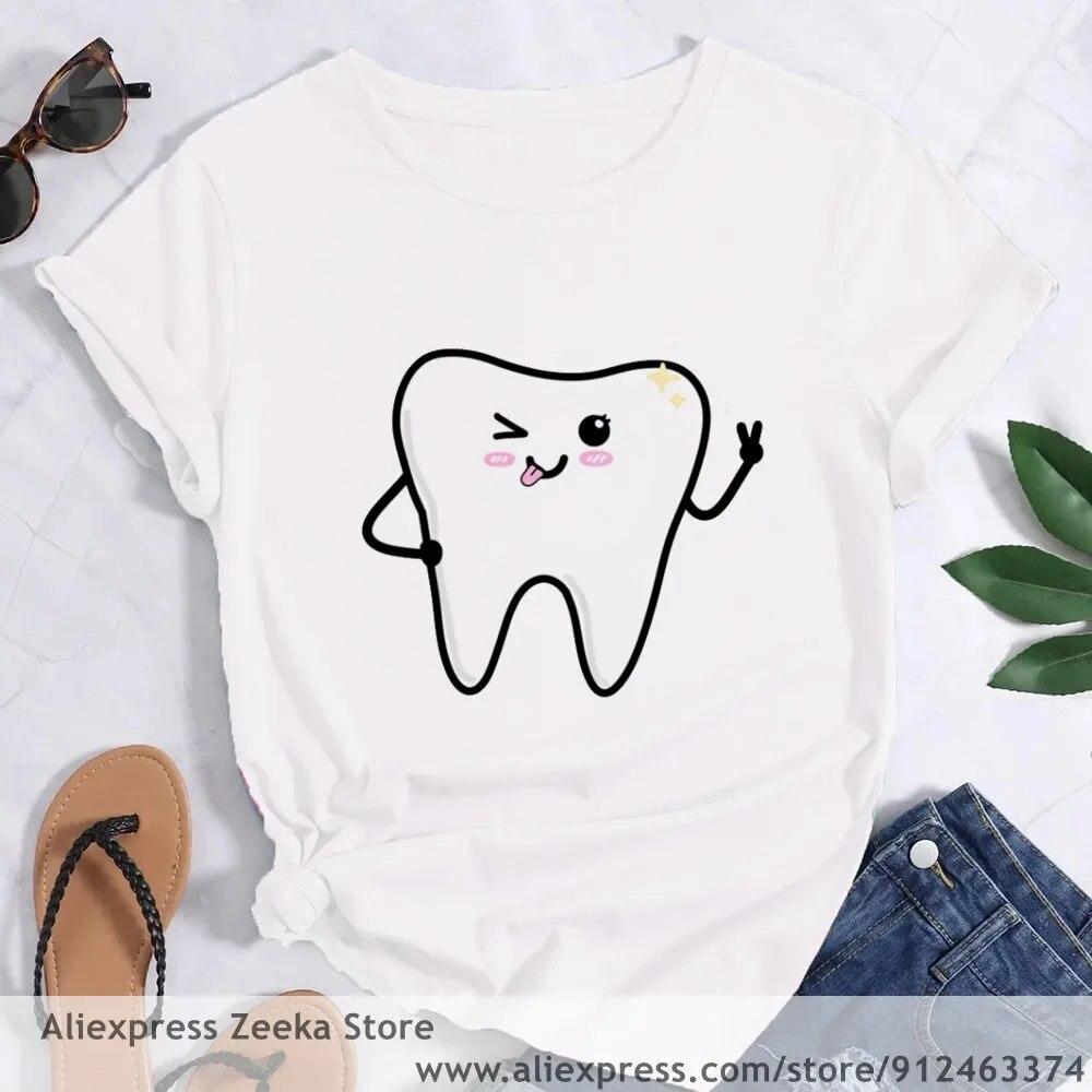 Zahn und Zahnarzt Grafik Ästhetik Frauen Lustige Print Damen T-shirt Mädchen Y2K Harajuku Basis O-kragen Weißes Hemd Kurze