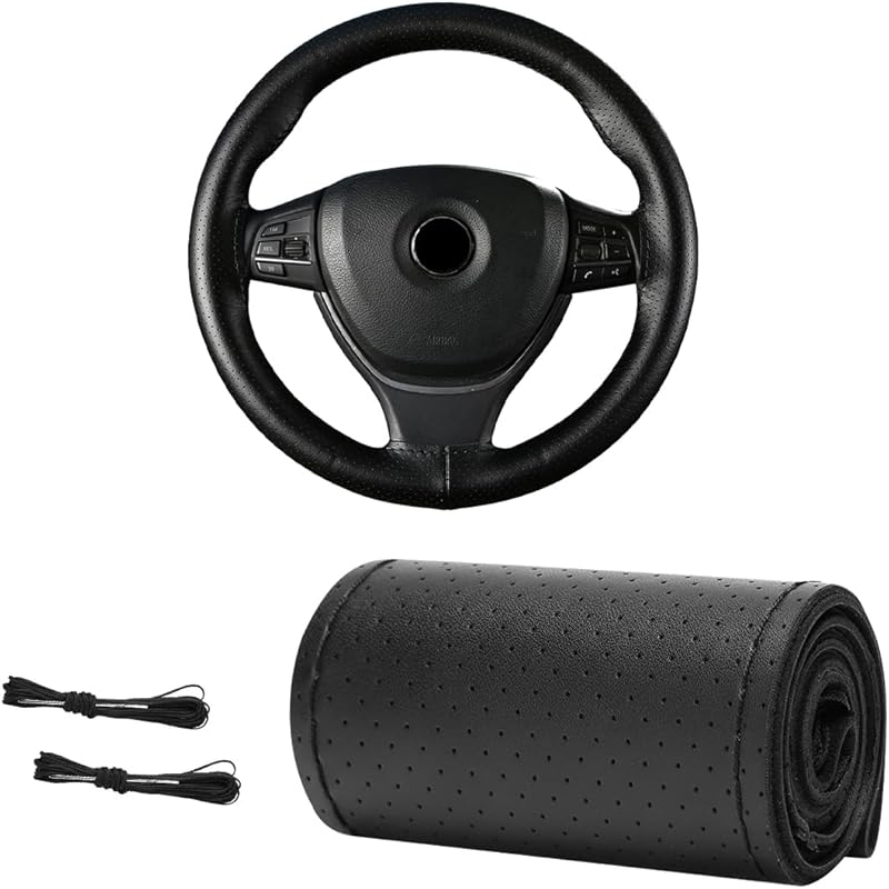 Genuine Leather Steering Wheel Cover, 15 Inches Breathable Stitch On Wrap Steering Wheel Cover, Anti-Slip Auto Wheel DIY Sewing Protector With Needle