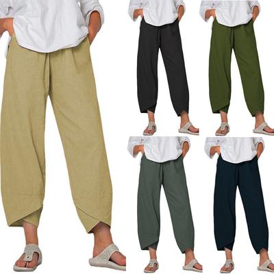Spring and Summer New Women's Cotton Linen Wide-legged Trousers Solid Colour Big Yards High Waist Loose Leisure Nine-minute Trousers Women