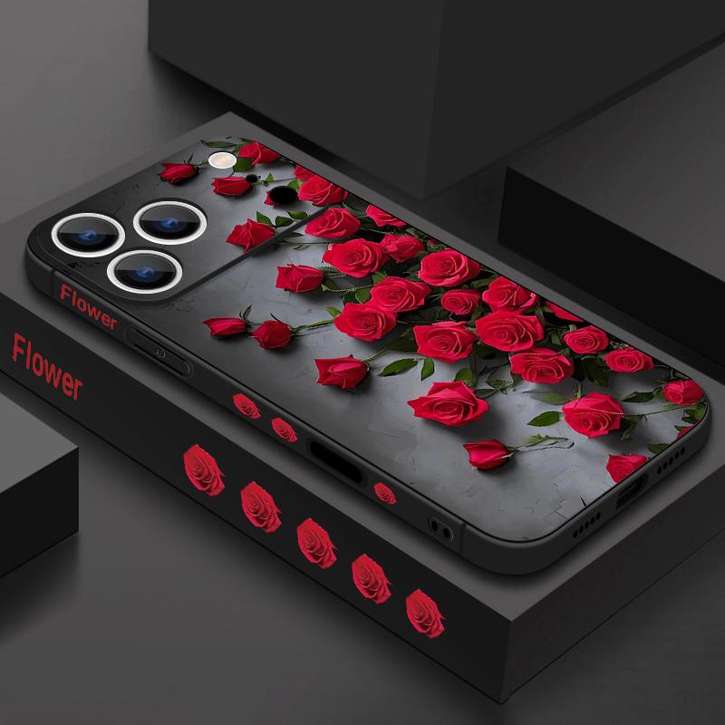 Étui Cordon Motif Fleurs Roses Rouges Pour iPhone 17 Pro Max Funda iPhone 16 15 14 13 Pro Max 11 16E 17E Coque Souple en Silicone