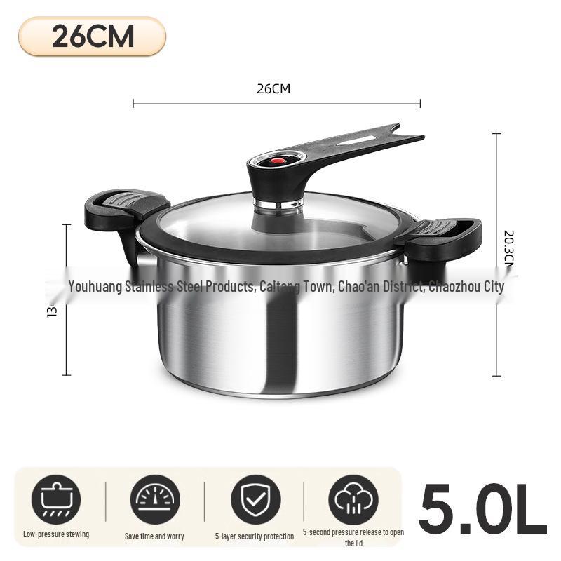 Multi-Functional 304 Stainless Steel Micro-Pressure Soup Pot, Compatible with Induction and Gas Stoves, Five-Layer Steel Composite Base.
