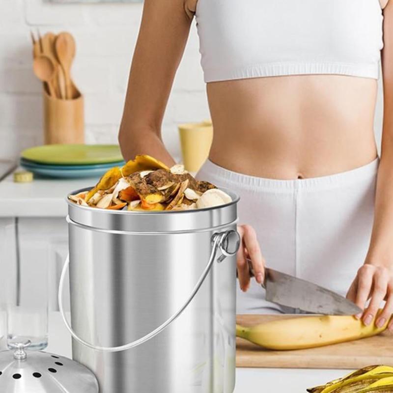 Compost Bucket For Kitchen Countertop,1.3 Gallon Stainless Steel Compost Bin Indoor With Lid, Odorless Food Waste Bucket