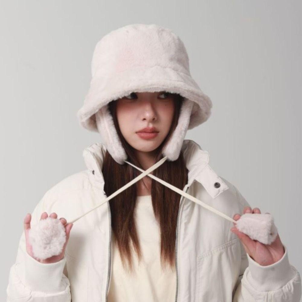 Solid Color Winter Fisherman Hat Anti-cold Plush Bucket Cap Ear Protection Cap  Outdoor