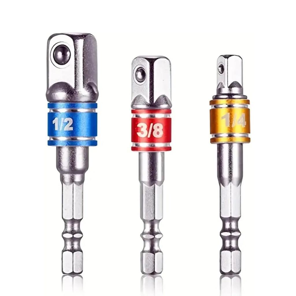 3pcs Impact Socket Adapter Set with Color Coding 1/4", 3/8", 1/2" Hex Shank Alloy Construction Square Drill Extension Set