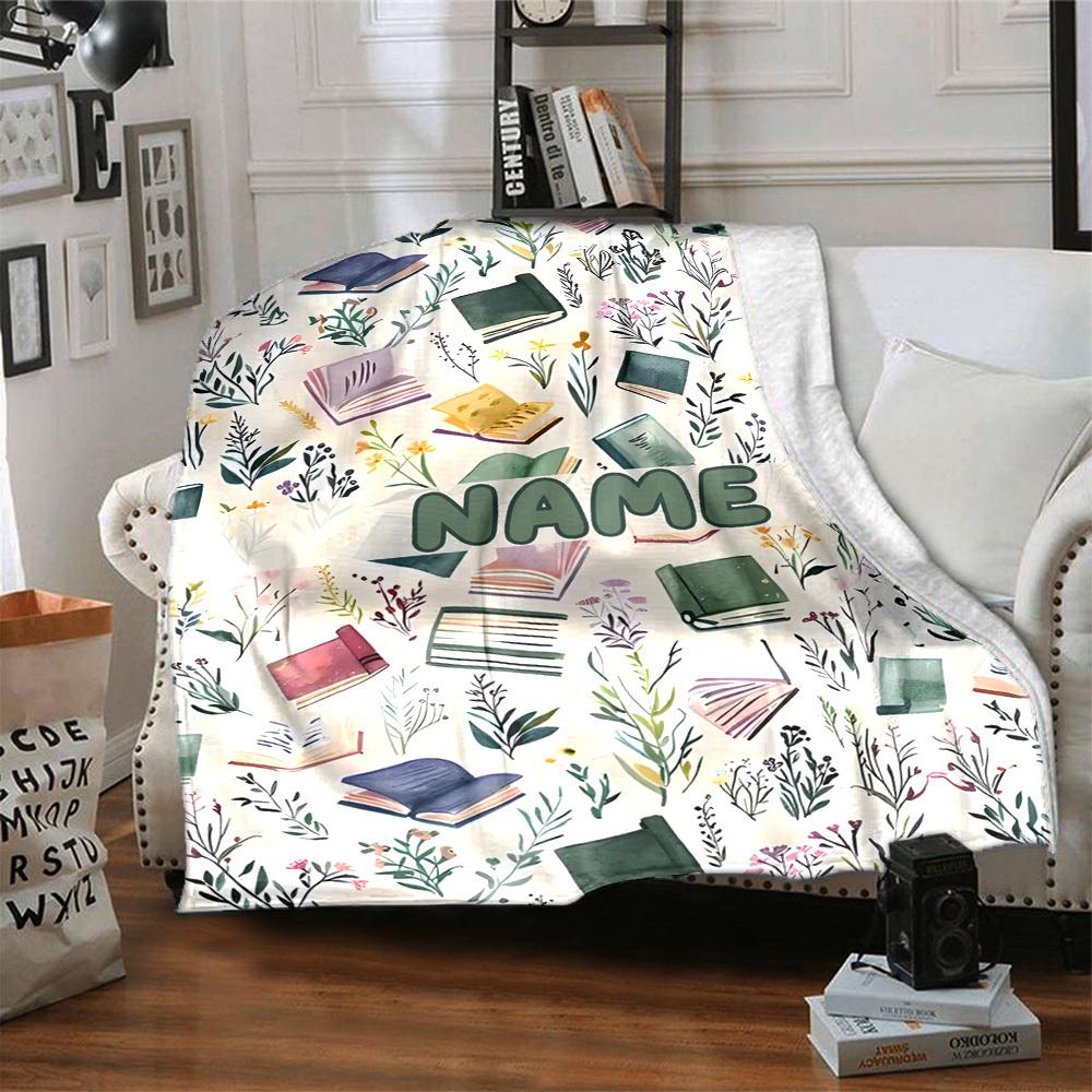 Books And Flowers In A Vibrant Pattern With The Word Prominently Displayed Lightweight Personalized Blanket Customize Text Soft Cozy Suitable For Sofa