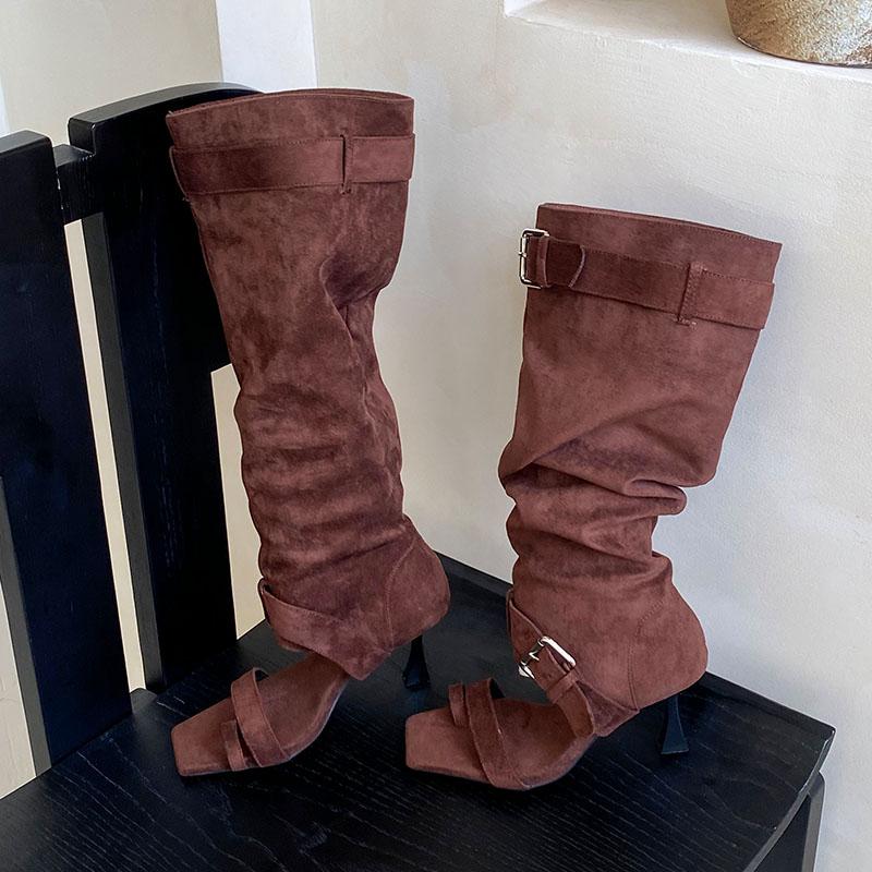 Móda Dámská Obuv s Otevřenou Špičkou Dámské Sandály Kozačky s Tenkými Podpatky Boty Čtvercová Špička Módní Semišové Dámské Kozačky po Koleno Boty Lodičky