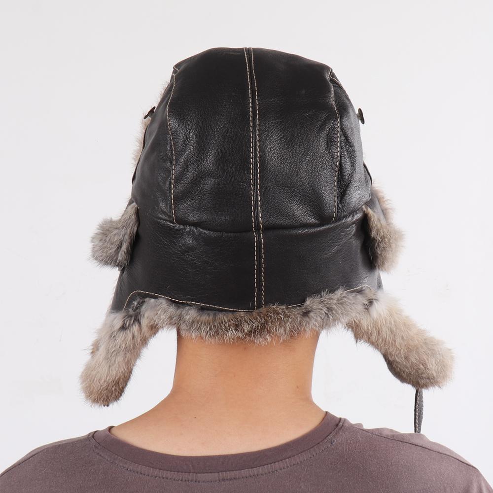 New Winter Men Natural Rabbit Fur Bomber Hat Genuine Sheepskin Leather Cap Men Outdoor Windproof Super Warm Rabbit Fur Caps