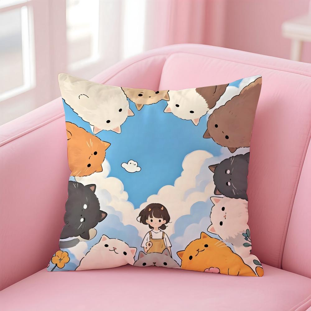 Cartoon Cute Cat Picture For Wake Up Cushion Cover Pillowcase Short Plush Invisible Zipper Room Sofa Cushion Cover