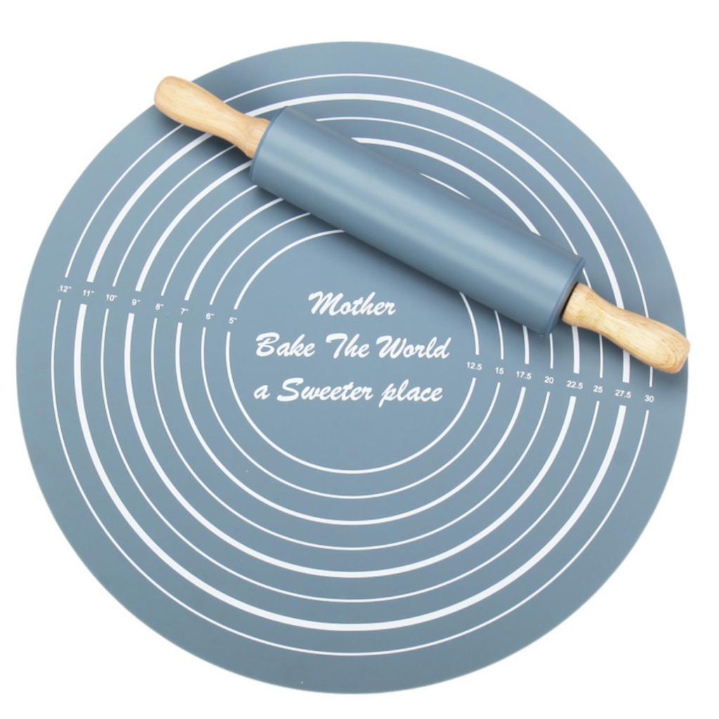 2pcs Wooden Rolling Pin with Silicone Dough Mat Set High-Temperature Non-Stick Baking Tools for Home Kitchen Pasta Cookie DIY