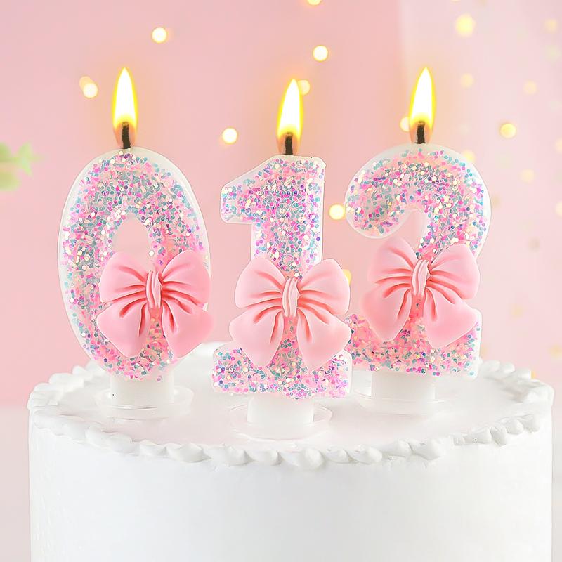 3D Number Cake Decorating Candles Cute Pink Bow Baby Girl Birthday Cake Topper Decor Wedding Party Supplies 0-9 Digital Candle